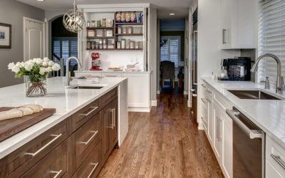 White Painted Cabinetry With Walnut Island